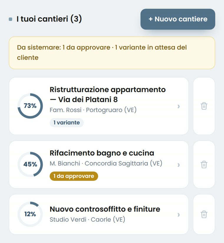 App gestione cantieri Mae Home: la lista dei cantieri