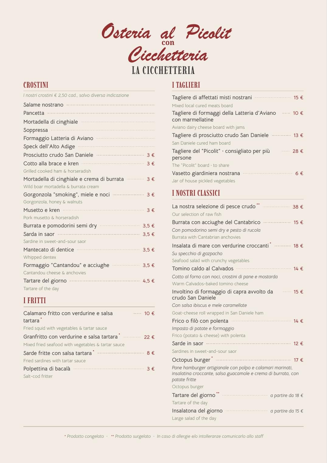 Menù cicchetteria, drink e vini dell'Osteria al Picolit