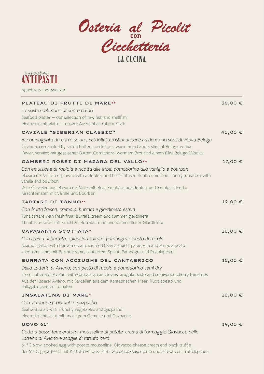 Menù della cucina dell'Osteria al Picolit, trilingue